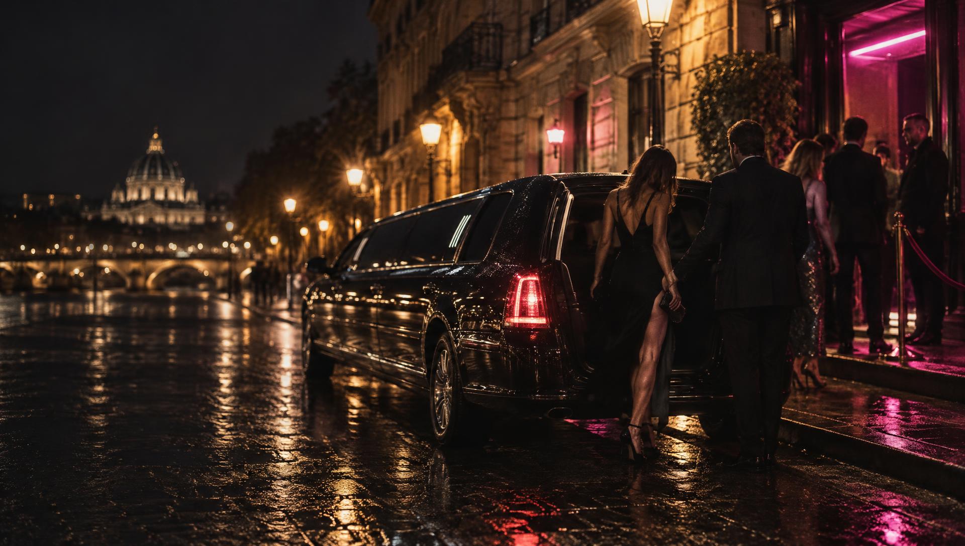 Group stepping out of a black limousine at a club entrance at night